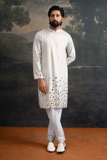 Shop_Thetaa_Blue Cotton, Lycra Embroidery, Mirrors Hand Kurta Set _at_Aza_Fashions