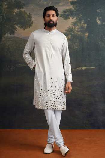 Shop_Thetaa_Blue Cotton, Lycra Embroidery, Mirrors Hand Kurta Set 