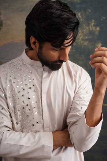 Thetaa_Grey Silk, Cotton Embroidery, Mirrors Hand Kurta Set _Online_at_Aza_Fashions