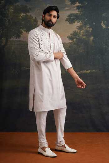 Buy_Thetaa_Grey Silk, Cotton Embroidery, Mirrors Hand Kurta Set _Online_at_Aza_Fashions