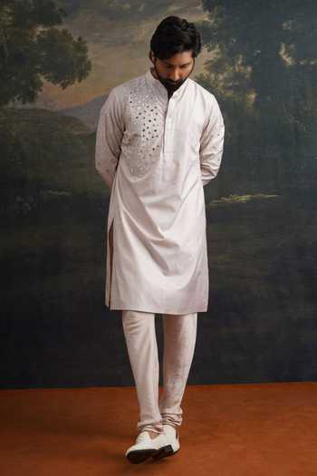 Shop_Thetaa_Grey Silk, Cotton Embroidery, Mirrors Hand Kurta Set _Online_at_Aza_Fashions