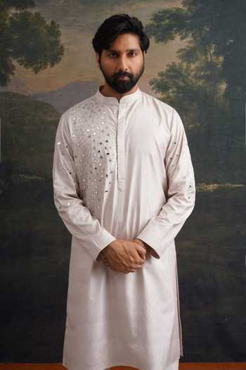 Thetaa_Grey Silk, Cotton Embroidery, Mirrors Hand Kurta Set _at_Aza_Fashions