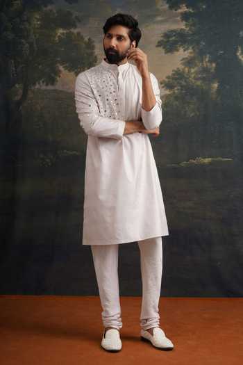 Buy_Thetaa_Grey Silk, Cotton Embroidery, Mirrors Hand Kurta Set _at_Aza_Fashions