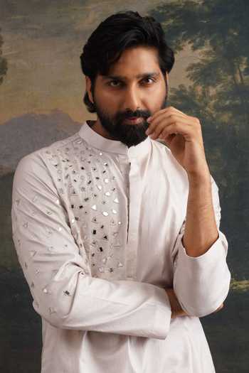 Buy_Thetaa_Grey Silk, Cotton Embroidery, Mirrors Hand Kurta Set 