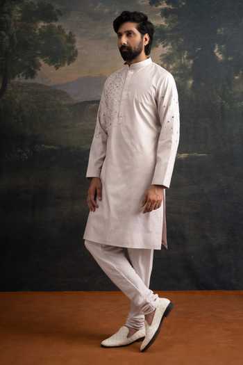 Shop_Thetaa_Grey Silk, Cotton Embroidery, Mirrors Hand Kurta Set _at_Aza_Fashions