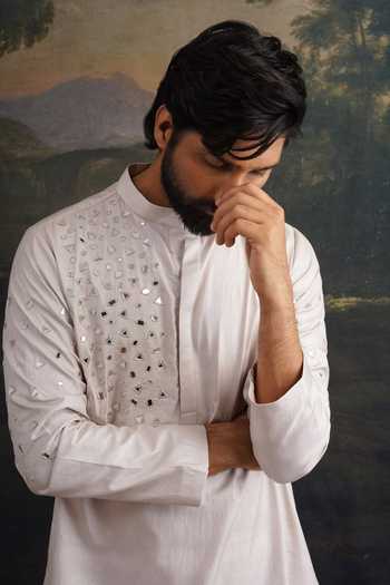 Shop_Thetaa_Grey Silk, Cotton Embroidery, Mirrors Hand Kurta Set 