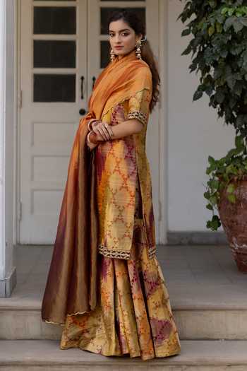 Buy_Mimamsaa_Olive Green Silk, Tissue, Brocade Zari Begum Woven Kurta Sharara Set _Online_at_Aza_Fashions
