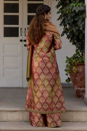 Shop_Mimamsaa_Olive Green Brocade Razia Checkered Woven Kurta Set _at_Aza_Fashions