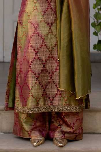 Shop_Mimamsaa_Olive Green Brocade Razia Checkered Woven Kurta Set _Online_at_Aza_Fashions