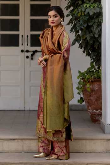 Mimamsaa_Olive Green Brocade Razia Checkered Woven Kurta Set _at_Aza_Fashions