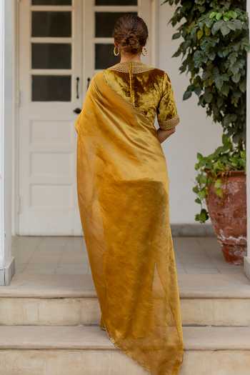 Shop_Mimamsaa_Gold Velvet, Silk Embroidery Round Neck Farhat Blouse _at_Aza_Fashions