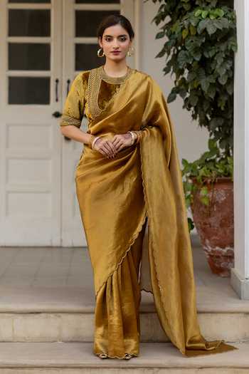Mimamsaa_Gold Velvet, Silk Embroidery Round Neck Farhat Blouse _Online_at_Aza_Fashions