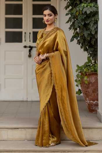 Buy_Mimamsaa_Gold Velvet, Silk Embroidery Round Neck Farhat Blouse _Online_at_Aza_Fashions