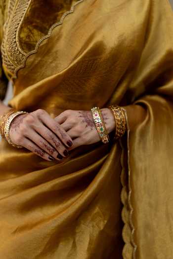 Shop_Mimamsaa_Gold Velvet, Silk Embroidery Round Neck Farhat Blouse _Online_at_Aza_Fashions