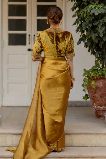 Mimamsaa_Gold Velvet, Silk Embroidery Round Neck Farhat Blouse _at_Aza_Fashions