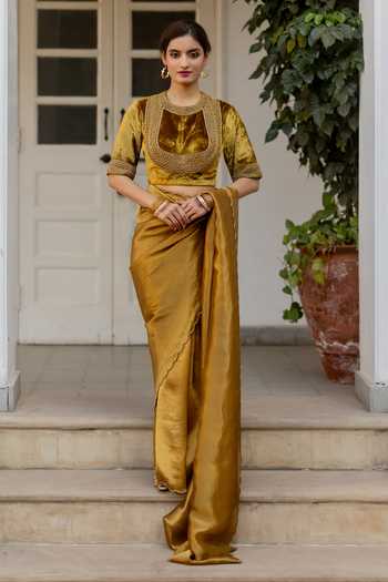 Buy_Mimamsaa_Gold Velvet, Silk Embroidery Round Neck Farhat Blouse 