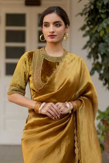 Shop_Mimamsaa_Gold Velvet, Silk Embroidery Round Neck Farhat Blouse 