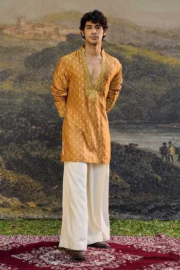 Itrh_Yellow Silk, Brocade, Crepe Embroidery, Zari Harsh Woven Kurta Set  _Online_at_Aza_Fashions