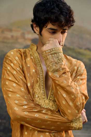 Buy_Itrh_Yellow Silk, Brocade, Crepe Embroidery, Zari Harsh Woven Kurta Set  _Online_at_Aza_Fashions