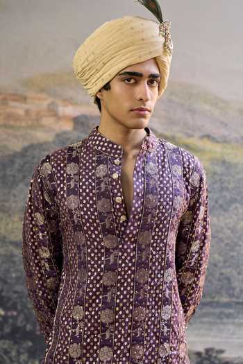 Itrh_Purple Silk, Brocade, Velvet Embroidery Baijanti Kurta Set _Online_at_Aza_Fashions