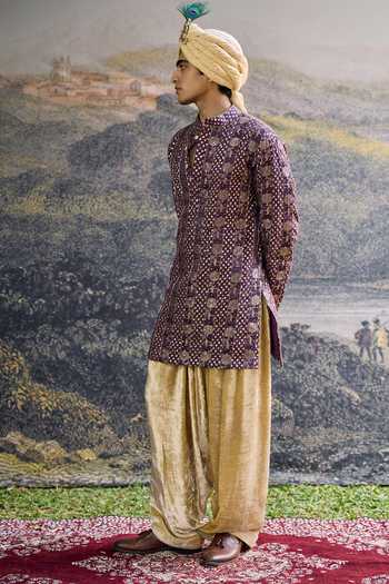 Buy_Itrh_Purple Silk, Brocade, Velvet Embroidery Baijanti Kurta Set _Online_at_Aza_Fashions