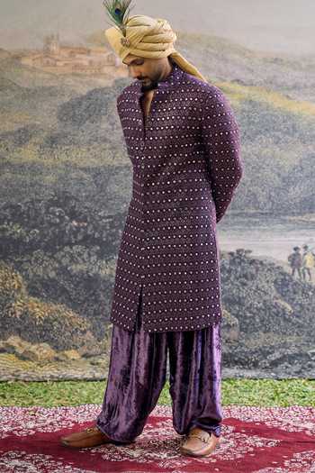 Itrh_Purple Velvet Embroidery Rajtoran Chikankari Sherwani And Pant Set _Online_at_Aza_Fashions