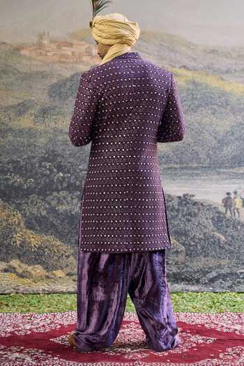 Shop_Itrh_Purple Velvet Embroidery Rajtoran Chikankari Sherwani And Pant Set _at_Aza_Fashions