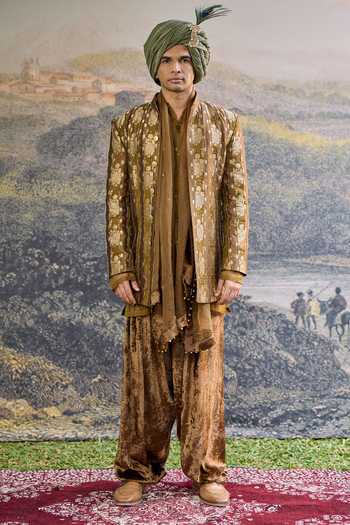 Shop_Itrh_Olive Green Brocade, Organza Zari Zarvika Woven Jacket And Kurta Set _Online_at_Aza_Fashions