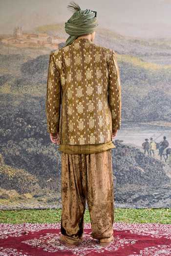 Shop_Itrh_Olive Green Brocade, Organza Zari Zarvika Woven Jacket And Kurta Set _at_Aza_Fashions