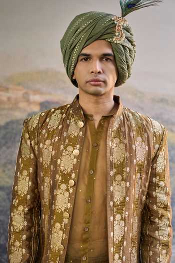 Itrh_Olive Green Brocade, Organza Zari Zarvika Woven Jacket And Kurta Set _at_Aza_Fashions