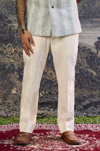 Itrh_Grey Cotton, Linen Embroidery Zoravar Chikankari Work Bundi And Pant Set _Online_at_Aza_Fashions