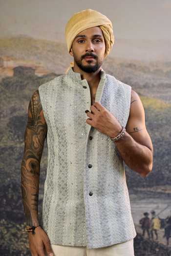 Buy_Itrh_Grey Cotton, Linen Embroidery Zoravar Chikankari Work Bundi And Pant Set _Online_at_Aza_Fashions