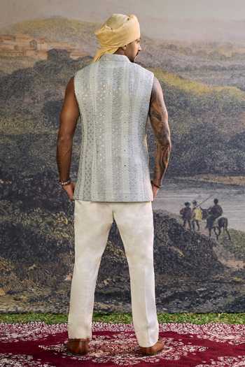 Shop_Itrh_Grey Cotton, Linen Embroidery Zoravar Chikankari Work Bundi And Pant Set _at_Aza_Fashions