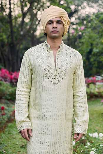 Shop_Itrh_Beige Chanderi, Velvet Mirrors Zayan Kurta And Salwar Set _at_Aza_Fashions
