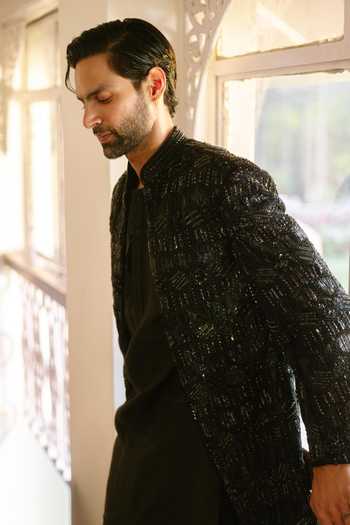 Itrh_Black Silk, Crepe Crystals Phantom Edge Embroidered Jacket And Kurta Set _Online_at_Aza_Fashions