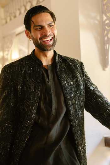 Shop_Itrh_Black Silk, Crepe Crystals Phantom Edge Embroidered Jacket And Kurta Set _Online_at_Aza_Fashions