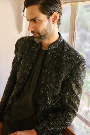 Itrh_Black Silk, Crepe Crystals Phantom Edge Embroidered Jacket And Kurta Set _at_Aza_Fashions