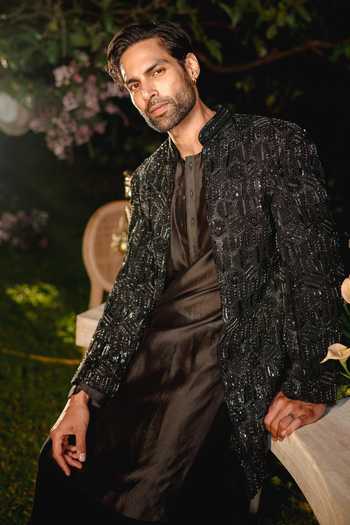 Shop_Itrh_Black Silk, Crepe Crystals Phantom Edge Embroidered Jacket And Kurta Set _at_Aza_Fashions