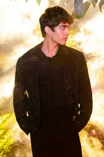 Itrh_Black Crepe, Silk Crystals Obsidian Crest Embellished Jacket Set _Online_at_Aza_Fashions
