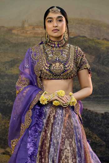Buy_Itrh_Gold Tissue, Organza, Silk Zari, Stones, Sequins High Neck Rangmala Lehenga Set _Online_at_Aza_Fashions