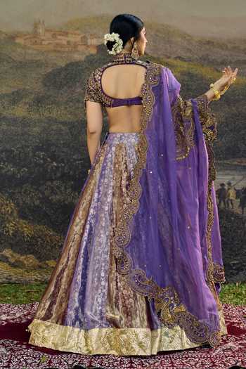 Shop_Itrh_Gold Tissue, Organza, Silk Zari, Stones, Sequins High Neck Rangmala Lehenga Set _at_Aza_Fashions