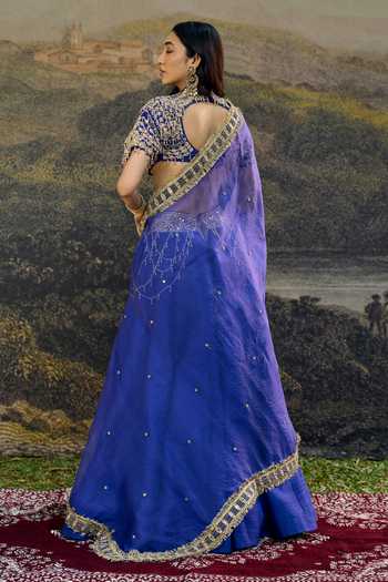 Shop_Itrh_Blue Silk, Organza Choker Neck Rhea Lehenga Set _at_Aza_Fashions