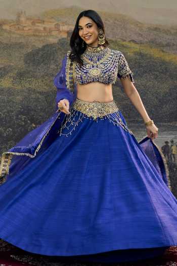 Itrh_Blue Silk, Organza Choker Neck Rhea Lehenga Set _Online_at_Aza_Fashions