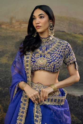 Buy_Itrh_Blue Silk, Organza Choker Neck Rhea Lehenga Set _Online_at_Aza_Fashions