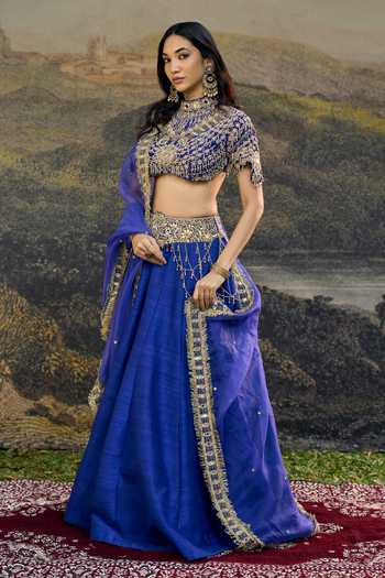 Shop_Itrh_Blue Silk, Organza Choker Neck Rhea Lehenga Set _Online_at_Aza_Fashions