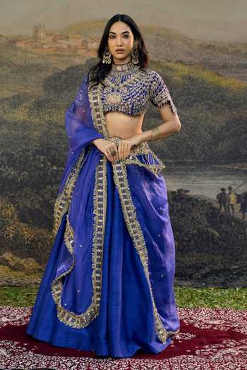 Buy_Itrh_Blue Silk, Organza Choker Neck Rhea Lehenga Set _at_Aza_Fashions