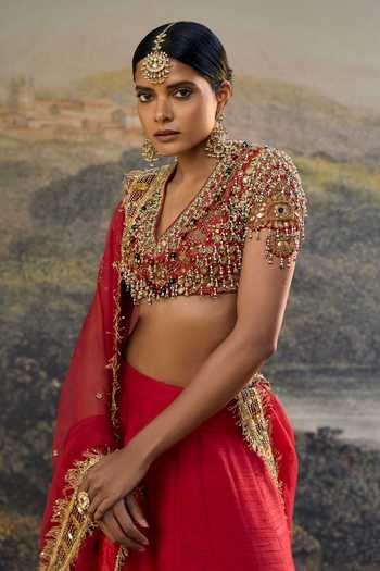 Buy_Itrh_Red Silk, Organza Zari, Stones, Embroidery, Beads, Lalima Jadau Lehenga Set _Online_at_Aza_Fashions