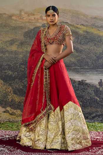 Buy_Itrh_Red Silk, Organza Zari, Stones, Embroidery, Beads, Lalima Jadau Lehenga Set _at_Aza_Fashions