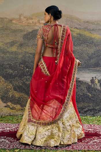 Shop_Itrh_Red Silk, Organza Zari, Stones, Embroidery, Beads, Lalima Jadau Lehenga Set _at_Aza_Fashions