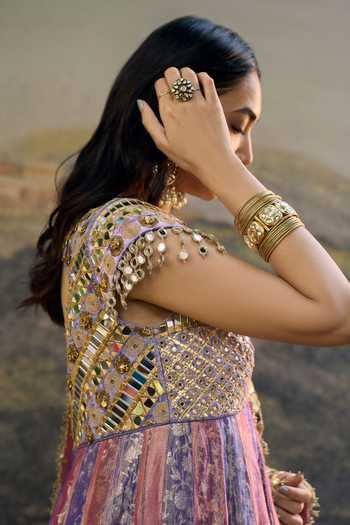 Itrh_Pink Tissue Mirrors Plunge Neck Gulrangi Anarkali Set _Online_at_Aza_Fashions